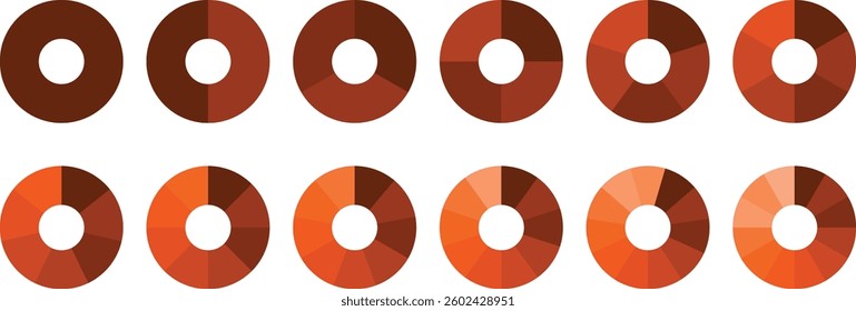 Pie chart vector. Colorful Pie chart divided 1, 3, 6, 9, 12 equal parts. Infographic. Segmented circle icons for data, web design, banner with sections or parts. Pie chart set. Circle diagram set