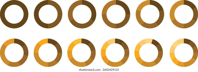 Pie chart vector. Colorful Pie chart divided 1, 3, 6, 9, 12 equal parts. Infographic. Segmented circle icons for data, web design, banner with sections or parts. Pie chart set. Circle diagram set