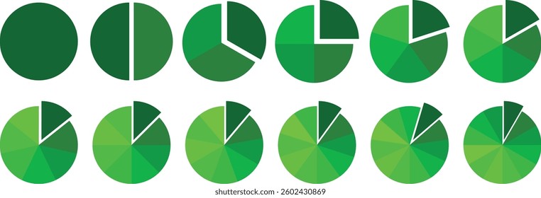 Pie chart vector. Colorful Pie chart divided 1, 3, 6, 9, 12 equal parts. Circle diagram set. Infographic segmented circle icons for data, web design, banner with sections or parts. Pie chart set. 