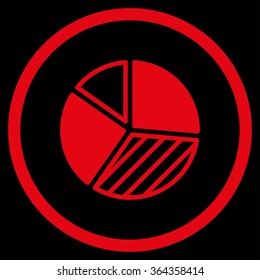 Pie Chart vector icon. Style is flat circled symbol, red color, rounded angles, black background.