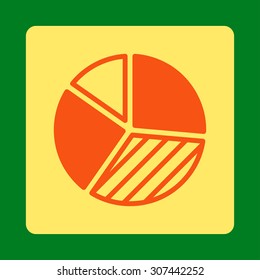 Pie Chart vector icon. This flat rounded square button uses orange and yellow colors and isolated on a green background.