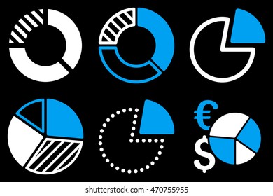 Pie Chart vector icons. Pictogram style is bicolor blue and white flat icons with rounded angles on a black background.