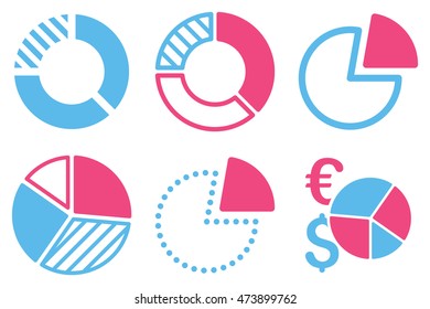 Pie Chart vector icons. Pictogram style is bicolor pink and blue flat icons with rounded angles on a white background.