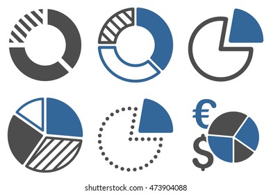 Pie Chart vector icons. Pictogram style is bicolor cobalt and gray flat icons with rounded angles on a white background.