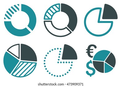 Pie Chart vector icons. Pictogram style is bicolor soft blue flat icons with rounded angles on a white background.