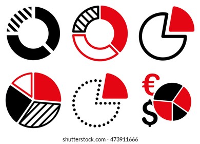 Pie Chart vector icons. Pictogram style is bicolor intensive red and black flat icons with rounded angles on a white background.