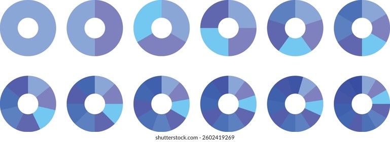 Pie chart vector. Infographic Pie chart set. Colorful Pie chart divided 1, 3, 6, 9, 12 equal parts. Segmented circle icons for data, web design, banner with sections or parts. Circle diagram set.
