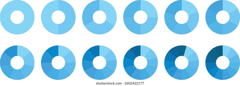 Pie chart vector. Infographic Pie chart set. Segmented circle icons for data, web design, banner with sections or parts. Circle diagram set. Colorful Pie chart divided 1, 3, 6, 9, 12 equal parts. 