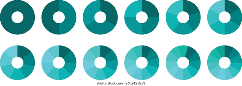 Pie chart vector. Infographic Pie chart set. Segmented circle icons for data, web design, banner with sections or parts. Circle diagram set. Colorful Pie chart divided 1, 3, 6, 9, 12 equal parts. 