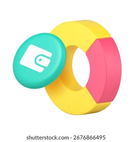 Pie chart and wallet icon for financial applications and budget management tools. Represents expenses, income, savings, analysis, and money. Modern 3d icon realistic vector illustration.