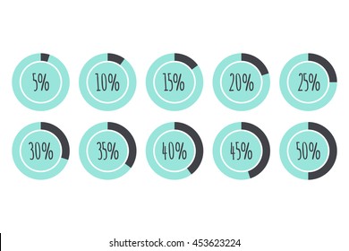 Pie Charts 5%, 10%, 15%, 20%, 25%, 30%, 35%, 40%, 45%, 50%. Blue and grey circle diagrams. Business vector infographic elements