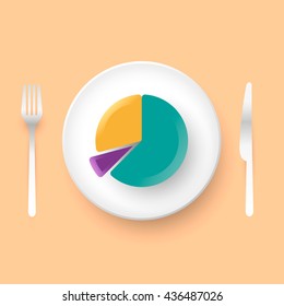pie charts cake on plate with knife and fork. top view dining. vector