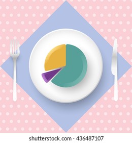 pie charts cake on plate with knife and fork. top view dining. dots background. vector