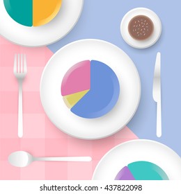 Pie charts cake on plate with knife, fork and spoon. Gingham background. Top view dining. Vector illustration