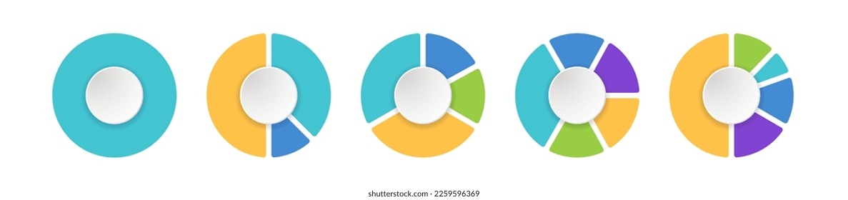 Pie charts or circle graphs with data in proportionate circular segments. Each slice represents a category. Colors help distinguish and simplify complex information. Vector illustration