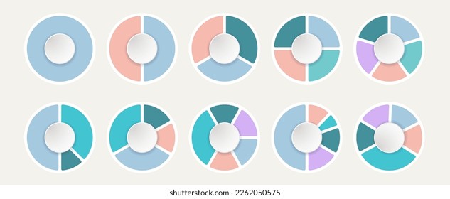 Gráficos circulares o gráficos circulares con datos en segmentos circulares proporcionados. Cada segmento representa una categoría. Los colores ayudan a distinguir y simplificar la información compleja. Ilustración del vector