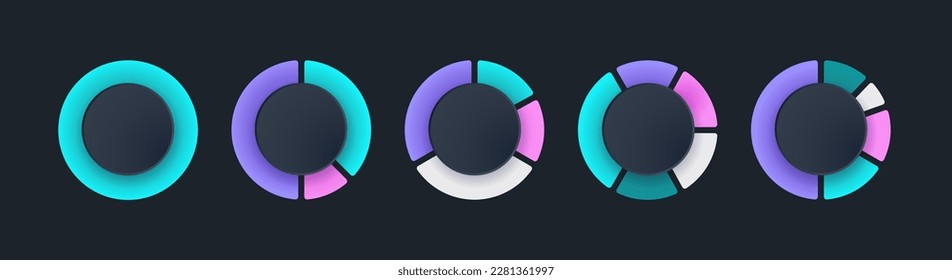 Pie charts or circle graphs with data in proportionate circular segments. Each slice represents a category. Colors help distinguish and simplify complex information. Vector illustration