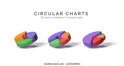 Pie charts data presentation. Set of 3D circular graphs. Colorful infographics graphic elements. Vector