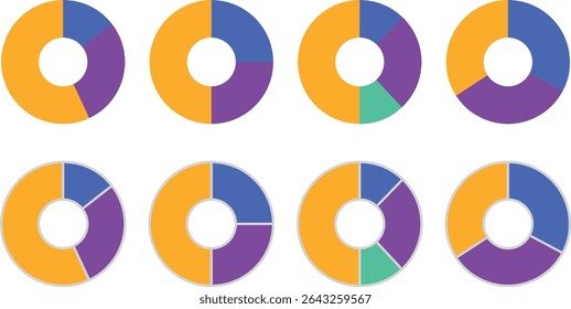 Diagrama de gráficos circulares. Gráfico circular dividido a partes iguales. Sectores de progreso. Rueda de porcentaje de anillo. Infografía de segmento de diagrama de gráficos
