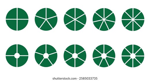  Pie charts diagram, green circle pie chart icons. user interface, web design, business presentation. Vector illustration isolated on white background.