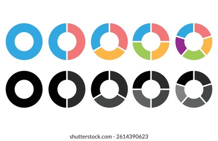 Pie charts diagram set. Circle pie charts 1,2,3,4,5 sections. Wheel round segment infographic part vector template