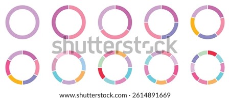 Pie charts diagram set. Circle pie charts 1,2,3,4,5,6,7,8,9,10,11,12 sections. Wheel round segment infographic part, Vector illustration	