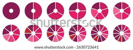 Pie charts diagram set. Circle pie charts 1,2,3,4,5,6,7,8,9,10,11,12 sections. Wheel round segment infographic part.  Circle section graph. Pie charts diagrams.