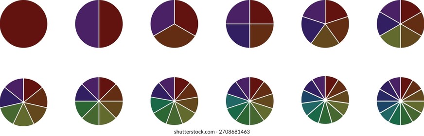 Conjunto de diagramas de gráficos de pizza. Diferentes círculos de cor isolados. Gráfico de seção de círculo. Organizar gráficos de pizza 1,2,3,4,5,6,7,8,9,10,11,12 seções.	