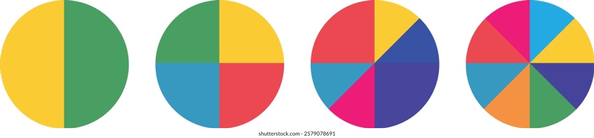 Pie charts diagrams. Pie chart infographic set. Different color circles. donut and pie chart infographic elements se. Vector illustration
