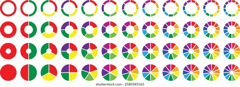 Pie charts diagrams. Colorful Pie chart set. Set of different color circles isolated. Infographic element round shape. Circle pie chart diagram. 2, 3, 4, 5,6,7,8,9,10, 11, 12 sections or steps. Vector