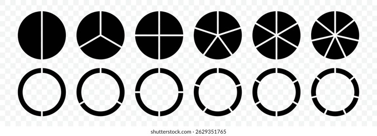 Pie charts diagrams. Diagram, statistics, loading circle symbol. Donut charts set. Pie chart divided 1,2,3,4,5,6,7,8,9,10, 11, 12 equal parts. Infographic wheel segment. Vector illustrator