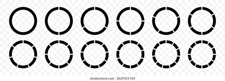 Pie charts diagrams. Diagram, statistics, loading circle symbol. Donut charts set. Pie chart divided 1,2,3,4,5,6,7,8,9,10, 11, 12 equal parts. Infographic wheel segment. Vector illustrator