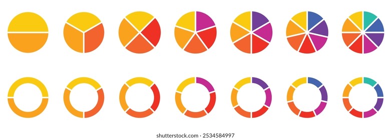 Pie charts diagrams. Different color circles. donut and pie chart infographic elements set. Colorful diagram collection with. Circle icons for infographic.Vector illustration