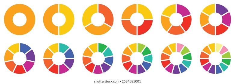 Pie charts diagrams. Different color circles. donut and pie chart infographic elements set. Colorful diagram collection with. Circle icons for infographic.Vector illustration