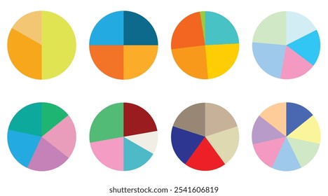 Pie charts diagrams. Different color circles isolated. Infographic element round shape. Vector