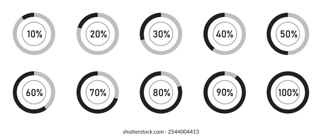 Diagramas de gráficos de pizza. Círculos de cor diferentes. conjunto de elementos infográficos de rosca e gráfico de pizza. Coleção de diagramas coloridos com. Ícones circulares para infográfico. Ilustração vetorial