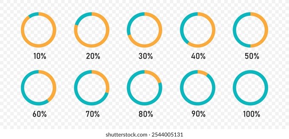 Diagramas de gráficos de pizza. Diferentes círculos de cor isolados. Forma redonda do elemento infográfico. Vetor