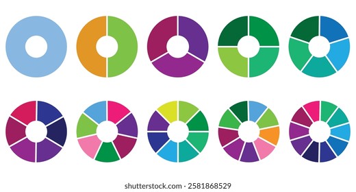 Pie charts diagrams. Different color circles isolated. Infographic element round shape. Elements with 1, 2, 3, 4, 5, 6, 7, 8, 9, 10, steps, Vector illustration.