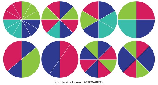 Pie charts diagrams. Different color circles. donut and pie chart infographic elements set. Colorful diagram collection with. Circle icons for infographic.