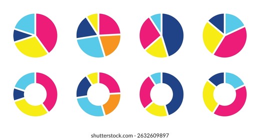 Pie charts diagrams. Different color circles. Donut and pie chart infographic elements set. Colorful diagram collection with. Circle icons for infographic. Vector illustration. EPS 10