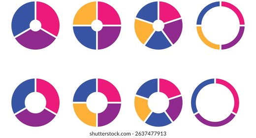 Pie charts diagrams. Different color circles isolated. Infographic element round shape. Vector eps 10