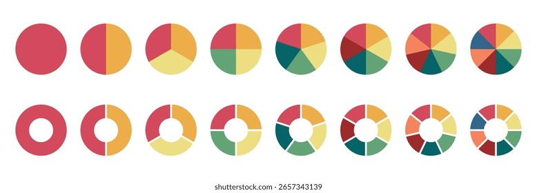 Pie charts diagrams. Different color circles. Donut and pie chart infographic elements set. Colorful diagram collection. Vector illustration. EPS 10