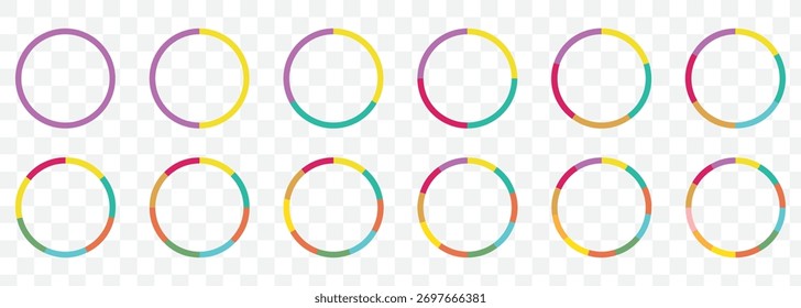 Diagramas de gráficos de pizza. Diferentes círculos de cor isolados. Forma redonda do elemento infográfico. Roda de cores e conjunto de vetor de gráfico de pizza - símbolos de visualização de dados em plano de fundo transparente. EPS 10.