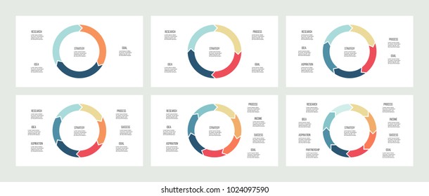 Pie charts, diagrams for infographics with 3, 4, 5, 6, 7, 8 steps, arrows. Vector circles.