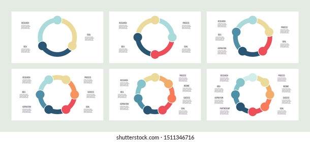 Pie charts, diagrams for infographics with 3, 4, 5, 6, 7, 8 steps, options. Vector circles.