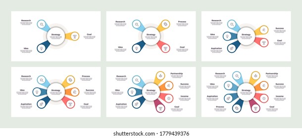 Pie charts, diagrams for infographics with 3, 4, 5, 6, 7, 8 steps, options. Vector charts.