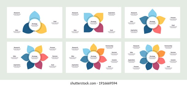 Gráficos, diagramas para infografías con 3, 4, 5, 6, 7, 8 pasos, opciones. Gráficos vectores.