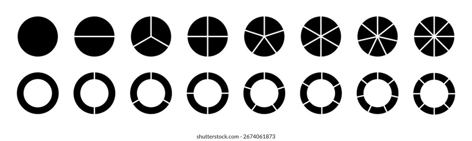 Diagramas de gráficos de pizza. Conjunto de círculos. Círculos segmentados definidos. Forma redonda do elemento infográfico. Ilustração vetorial.