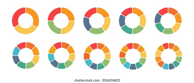 Pie charts diagrams. Set of different color circles isolated. Infographic element round shape. Vector illustration.