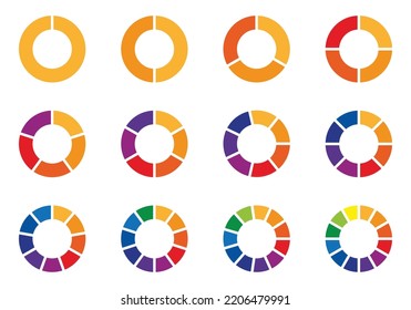 Pie charts diagrams. Set of different color circles isolated. Infographic element round shape. Circle segments set. Various number of sectors divide the circle on equal parts. Pie chart set. Diagram